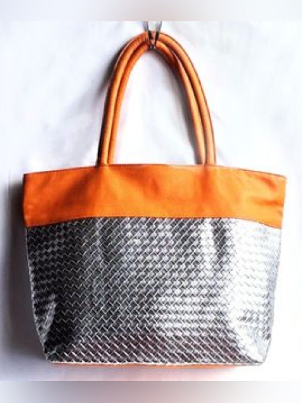 Saks Fifth Avenue woven metallic tote bag Silver Orange